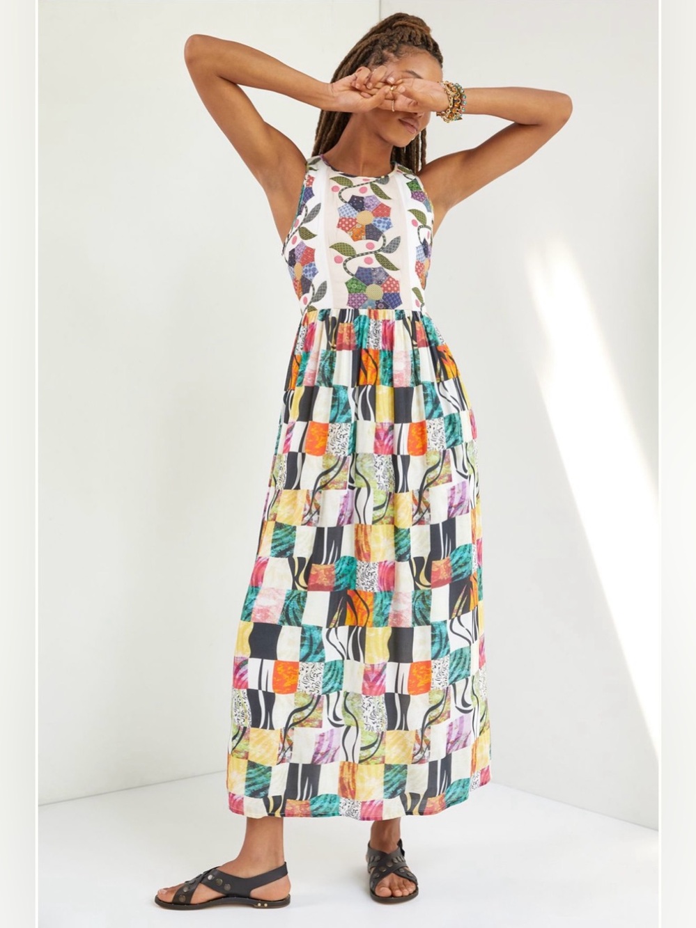 Anthropologie Multicolor Patchwork Maxi Dress with Black Accents